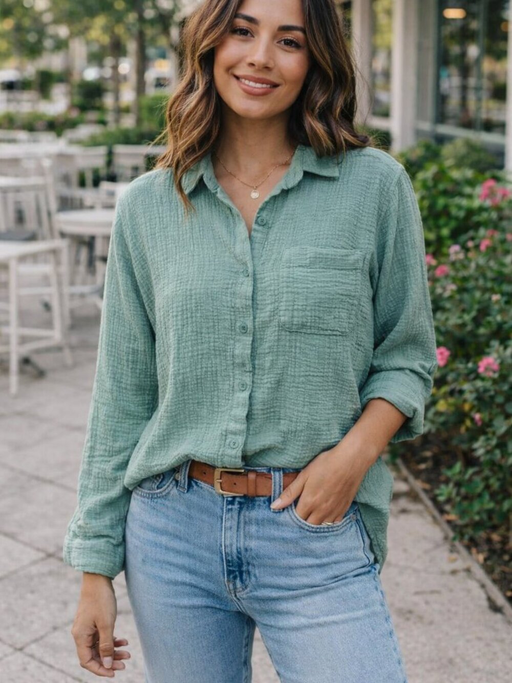 Anne Klein Casual Light Teal Button-Down Shirt